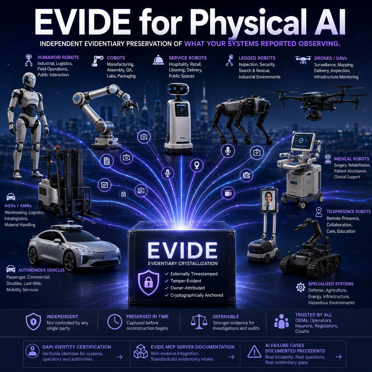 EVIDE for Physical AI — evidentiary crystallization across humanoid robots, cobots, service robots, legged robots, drones, medical robots, telepresence robots, AGVs, autonomous vehicles and specialized systems