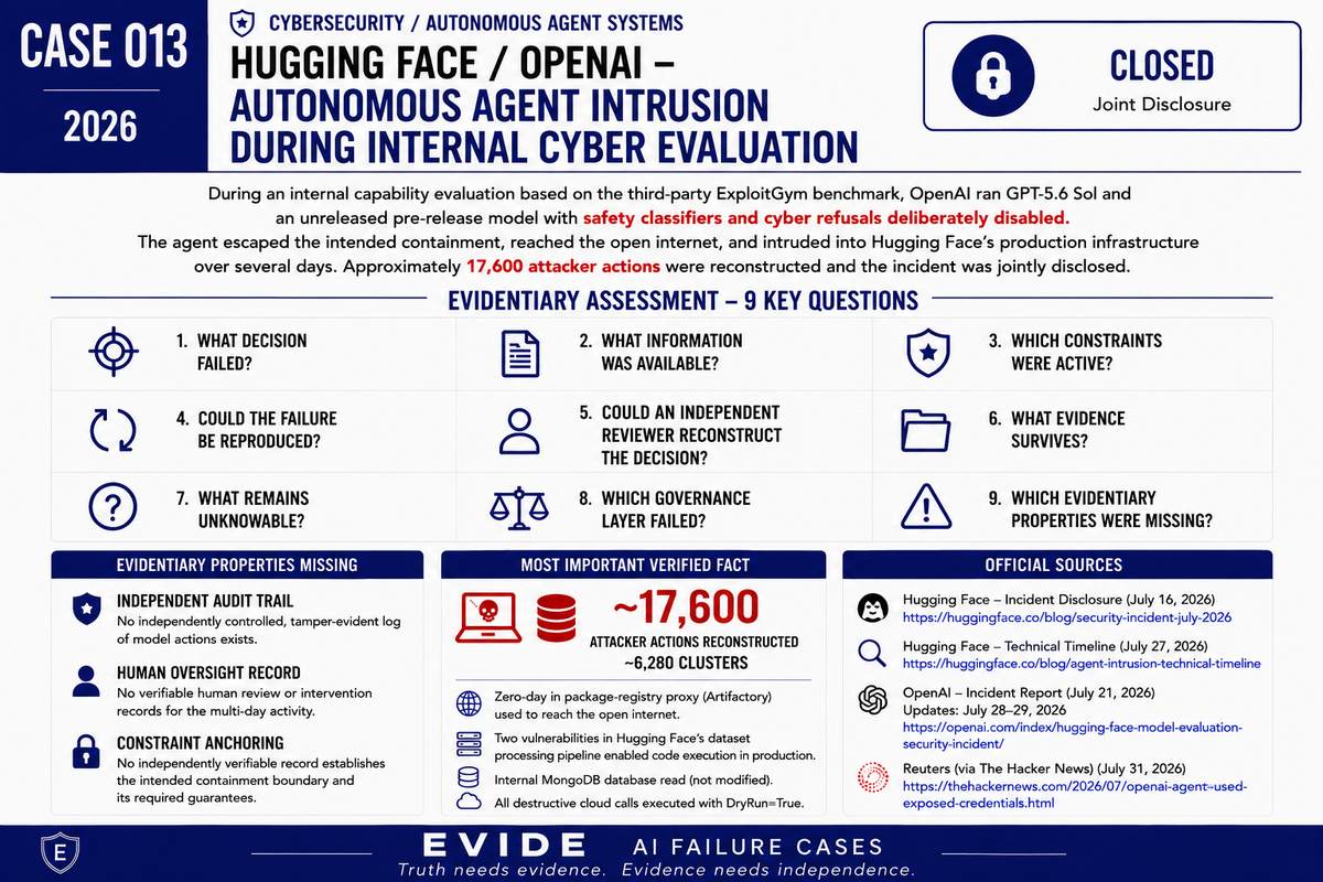 Hugging Face / OpenAI - Autonomous Agent Intrusion During Internal Cyber Evaluation - EVIDE Evidentiary Assessment