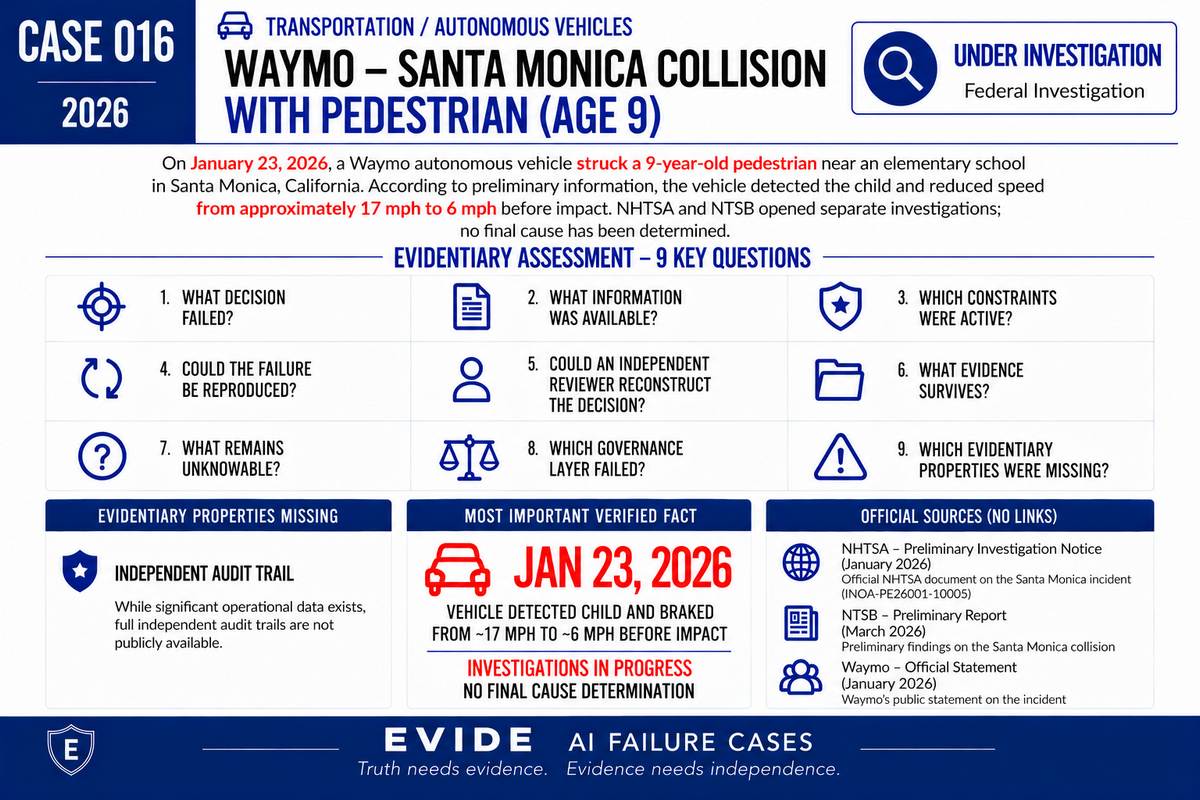 Waymo - Santa Monica Child Collision, Federal Investigations Ongoing - EVIDE Evidentiary Assessment